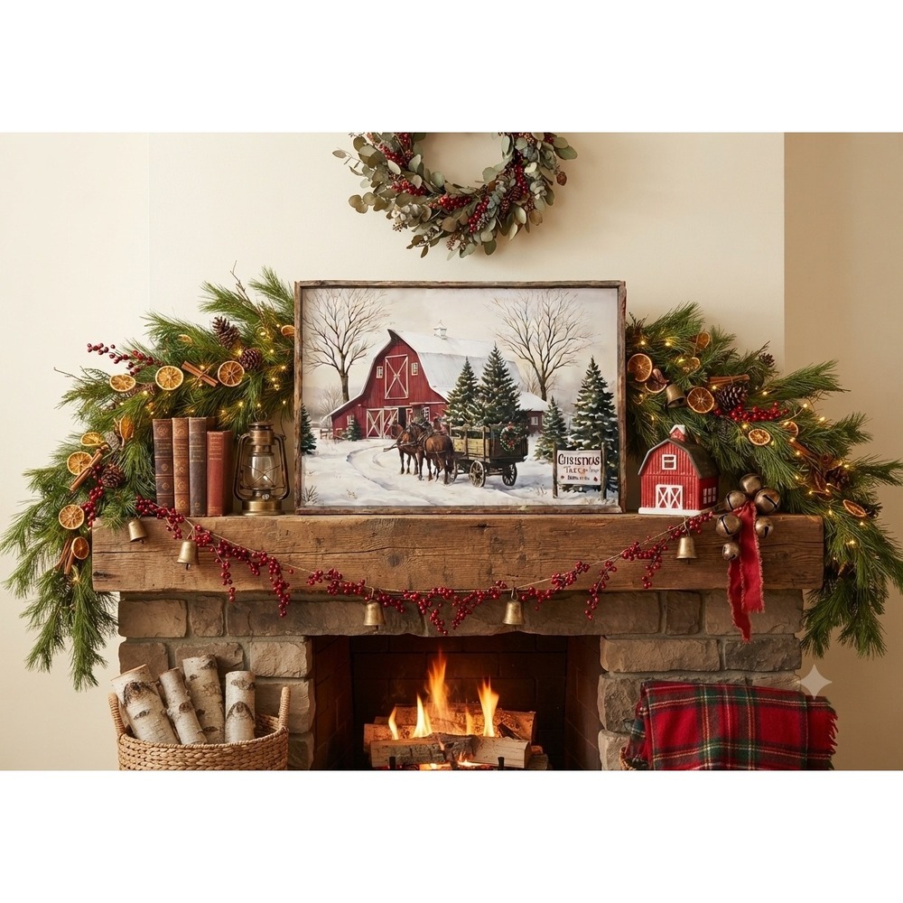 Rustic X-Mas Tree Farm Canvas Wall Art Red Barn Winter Decor 24x16 Wood Frame